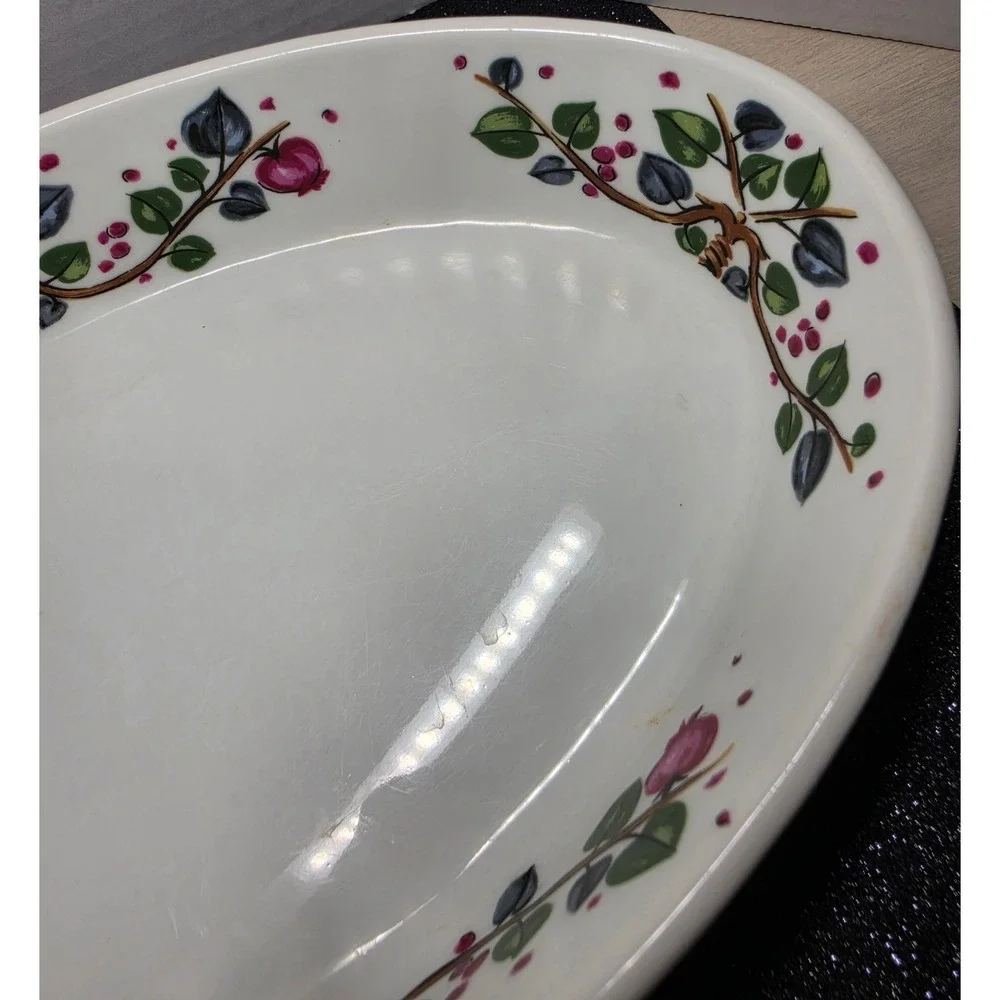 Vintage Oval Ceramic Baking Dish‎ Fruit Vine Pomegranate White 12 Inch Casserole